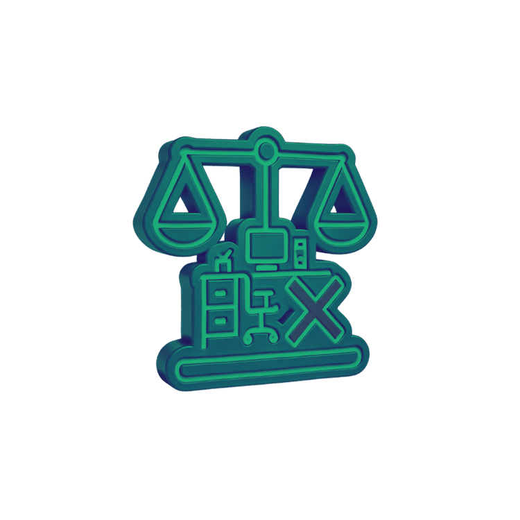 Icon representing workplace discrimination, with scales of justice over a desk setup with a computer, symbolizing employment discrimination claims.