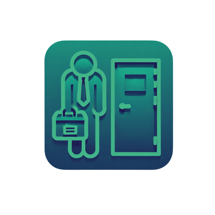 Icon representing wrongful termination, with a terminated employee holding a briefcase outside an office exit with head down out of distress.